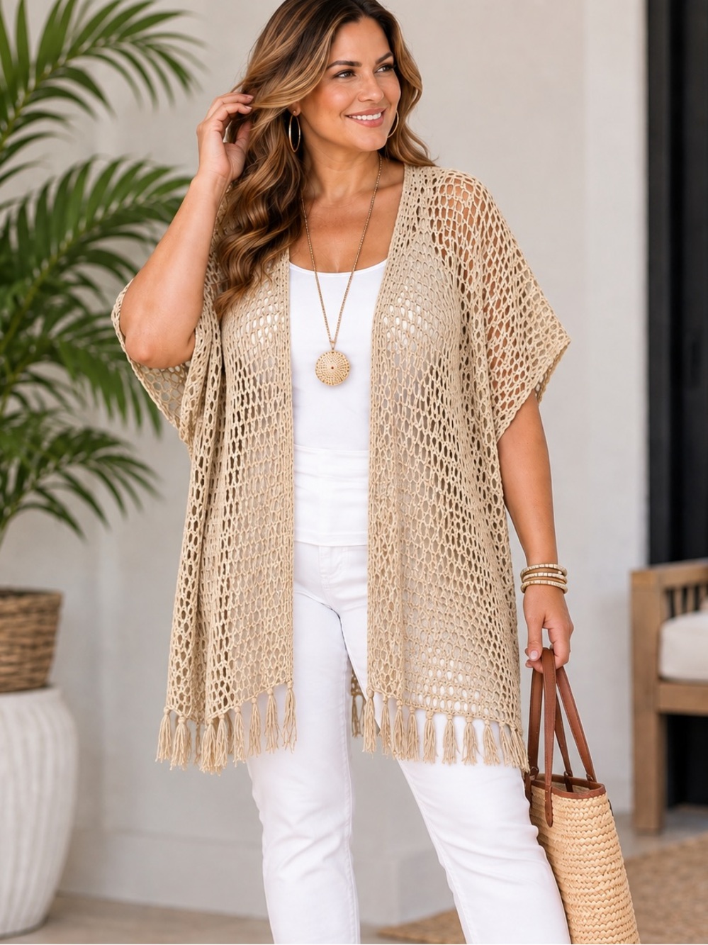 Ashley Stewart Crochet Open Knit Fringe Kimono Cardigan Beach Cover 18/20 Tan